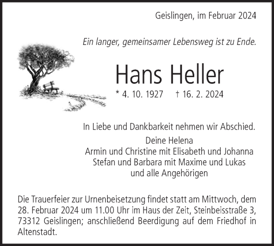 Traueranzeige von Hans Heller von Geislinger Zeitung