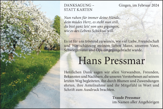 Traueranzeige von Hans Pressmar von Geislinger Zeitung