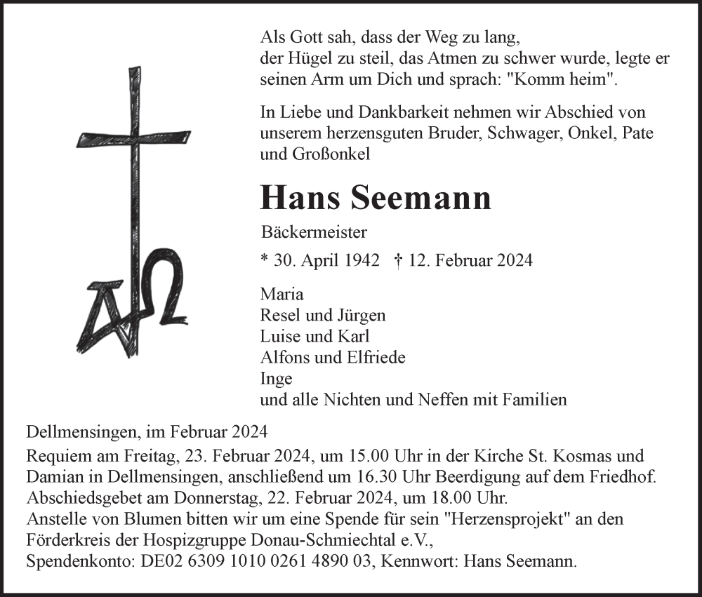  Traueranzeige für Hans Seemann vom 17.02.2024 aus SÜDWEST PRESSE Ausgabe Ulm/Neu-Ulm