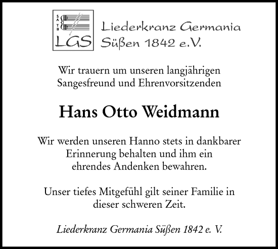 Traueranzeige von Hans Otto Weidmann von NWZ Neue Württembergische Zeitung