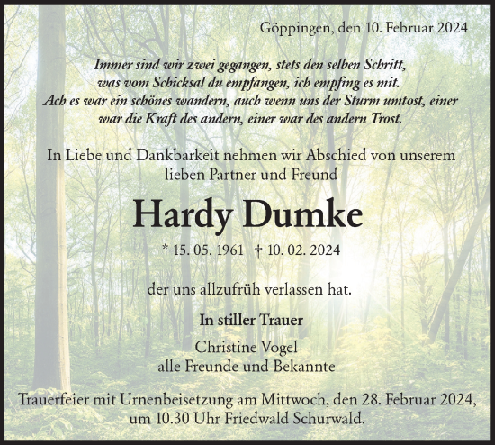 Traueranzeige von Hardy Dumke von NWZ Neue Württembergische Zeitung