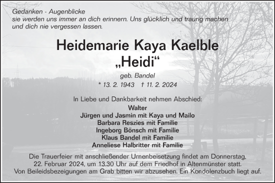 Traueranzeige von Heidemarie Kaya Kaelble von Hohenloher Tagblatt