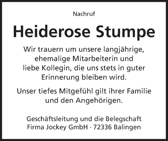 Traueranzeige von Heiderose Stumpe von Hohenzollerische Zeitung