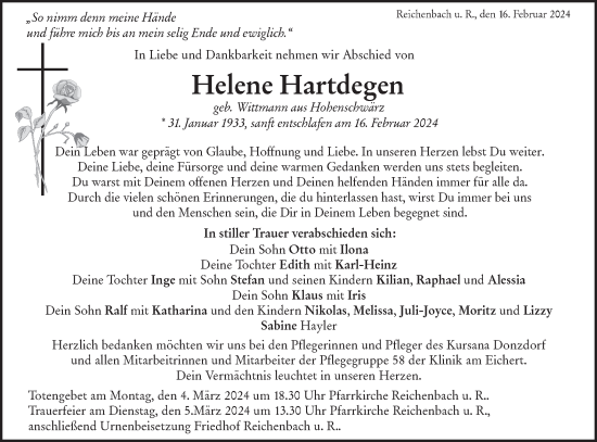 Traueranzeige von Helene Hartdegen von NWZ Neue Württembergische Zeitung