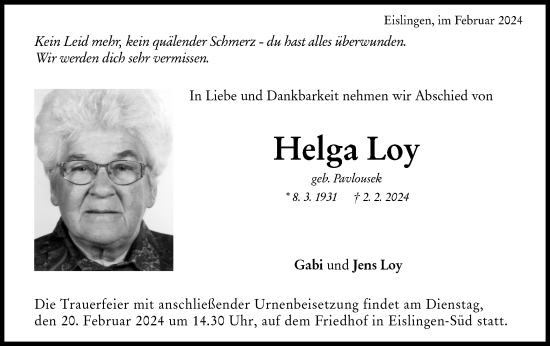 Traueranzeige von Helga Loy von NWZ Neue Württembergische Zeitung