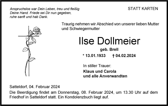 Traueranzeige von Ilse Dollmeier von Hohenloher Tagblatt