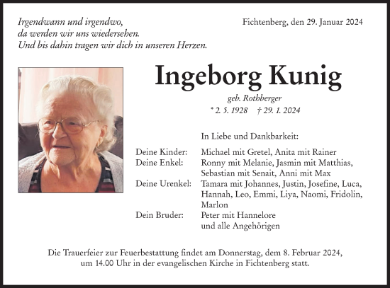 Traueranzeige von Ingeborg Kunig von Rundschau Gaildorf