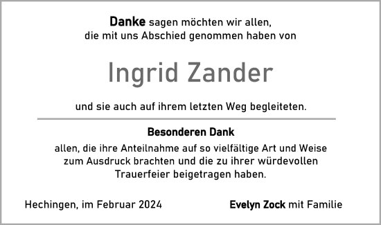 Traueranzeige von Ingrid Zander von Hohenzollerische Zeitung