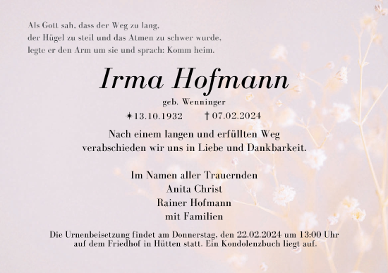 Traueranzeige von Irma Hofmann von Haller Tagblatt