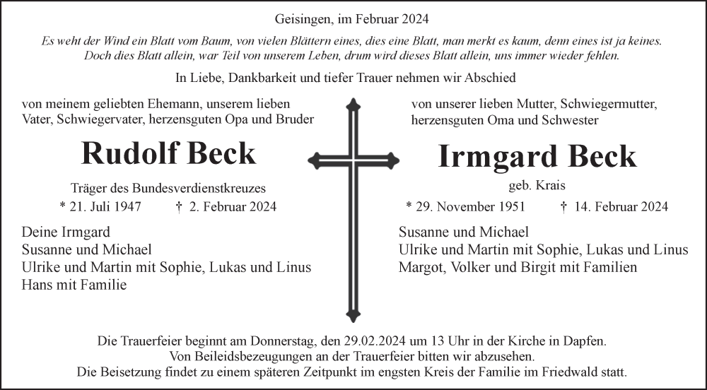  Traueranzeige für Irmgard Beck vom 27.02.2024 aus Alb-Bote/Metzinger-Uracher Volksblatt