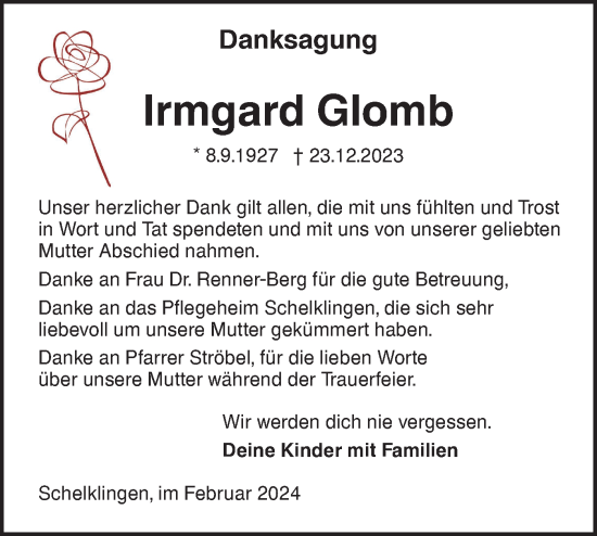 Traueranzeige von Irmgard Glomb von Ehinger Tagblatt