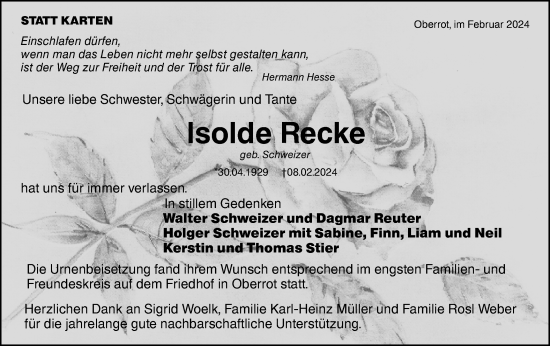 Traueranzeige von Isolde Recke von Rundschau Gaildorf