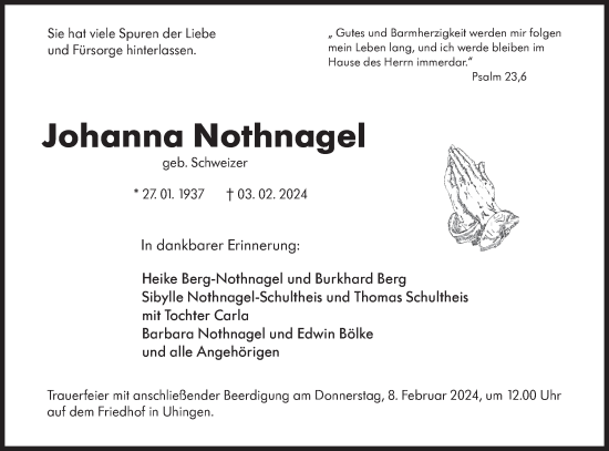 Traueranzeige von Johanna Nothnagel von NWZ Neue Württembergische Zeitung