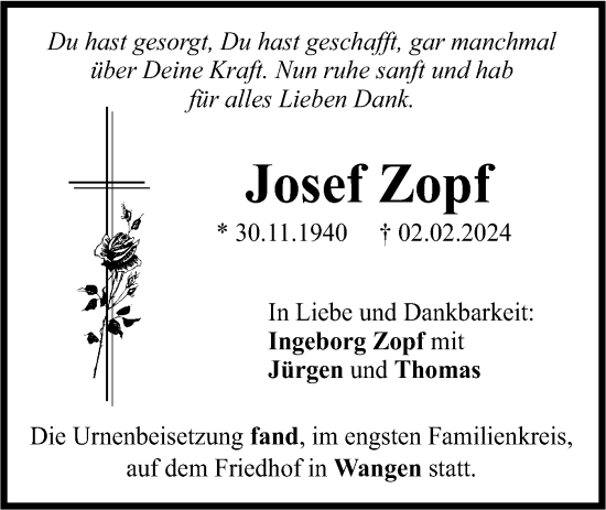 Traueranzeige von Josef Zopf von SÜDWEST PRESSE Ausgabe Ulm/Neu-Ulm