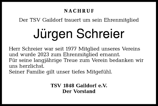 Traueranzeige von Jürgen Schreier von Rundschau Gaildorf