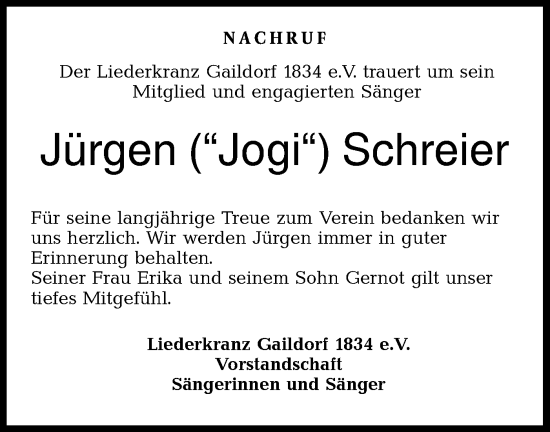 Traueranzeige von Jürgen Schreier von Rundschau Gaildorf