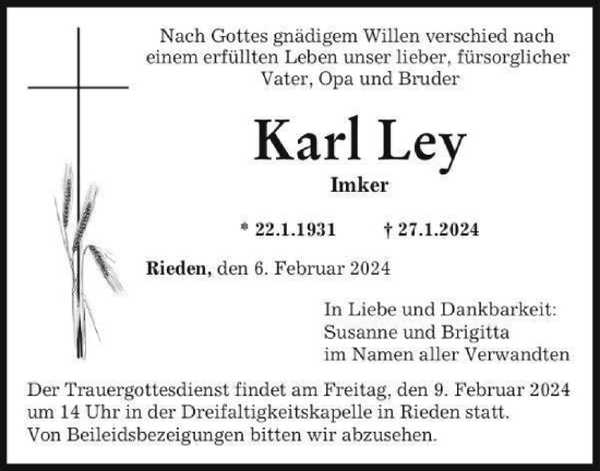 Traueranzeige von Karl Ley von SÜDWEST PRESSE Ausgabe Ulm/Neu-Ulm