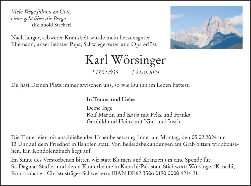  Traueranzeige für Karl Wörsinger vom 01.02.2024 aus Haller Tagblatt