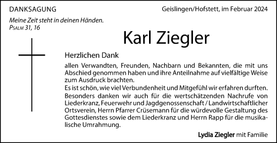 Traueranzeige von Karl Ziegler von Geislinger Zeitung