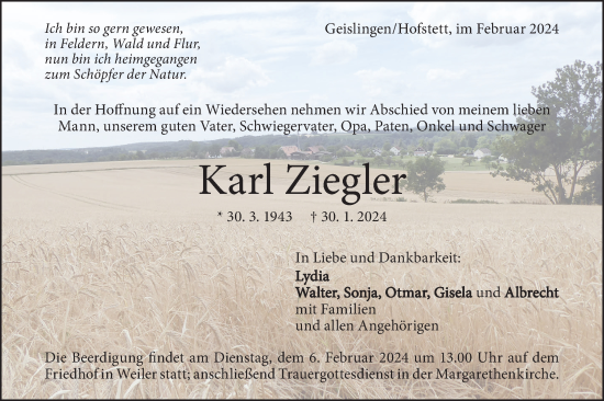 Traueranzeige von Karl Ziegler von Geislinger Zeitung