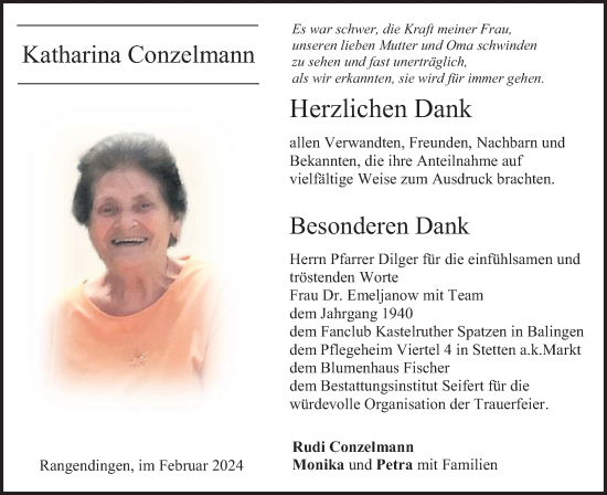 Traueranzeige von Katharina Conzelmann von Hohenzollerische Zeitung