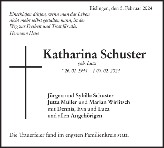 Traueranzeige von Katharina Schuster von NWZ Neue Württembergische Zeitung