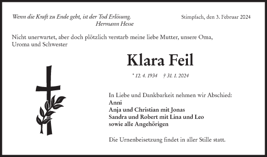 Traueranzeige von Klara Feil von Hohenloher Tagblatt