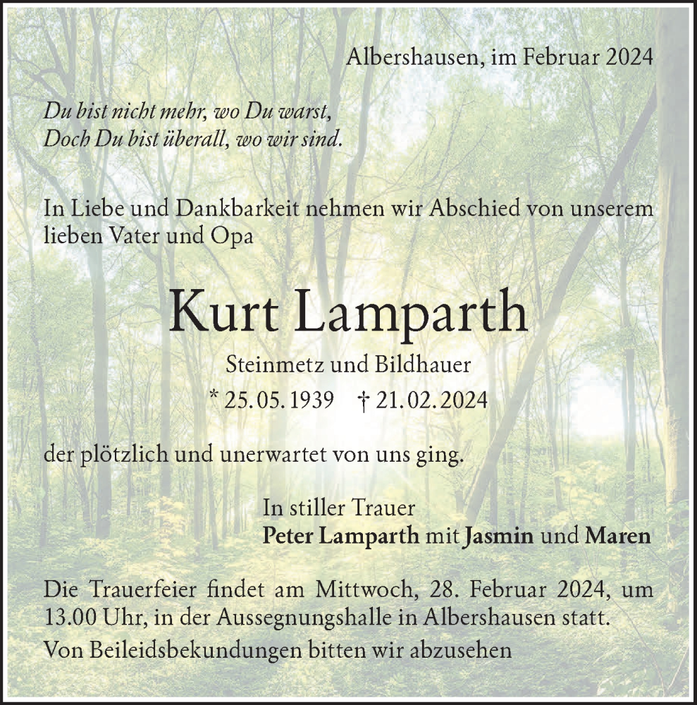  Traueranzeige für Kurt Lamparth vom 24.02.2024 aus NWZ Neue Württembergische Zeitung