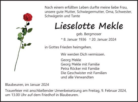 Traueranzeige von Lieselotte Mekle von Das Blaumännle