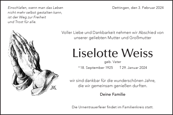 Traueranzeige von Liselotte Weiss von SÜDWEST PRESSE/SÜDWEST PRESSE