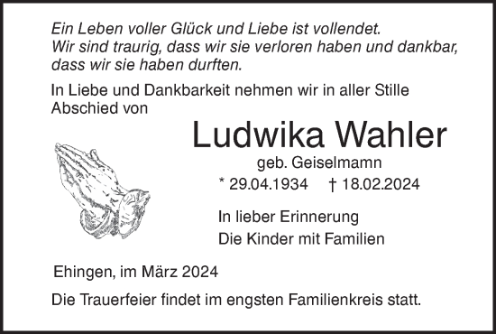 Traueranzeige von Ludwika Wahler von Ehinger Tagblatt