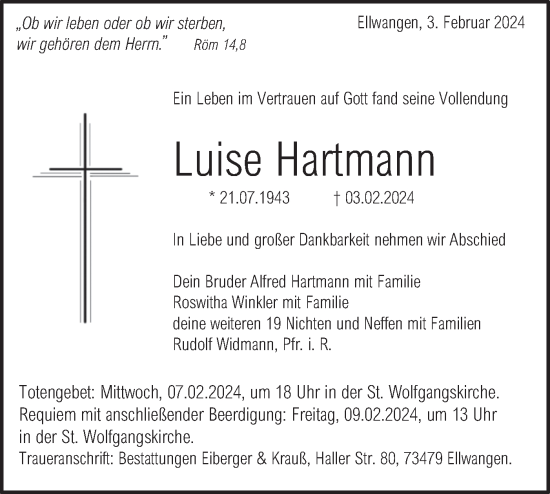 Traueranzeige von Luise Hartmann von Haller Tagblatt