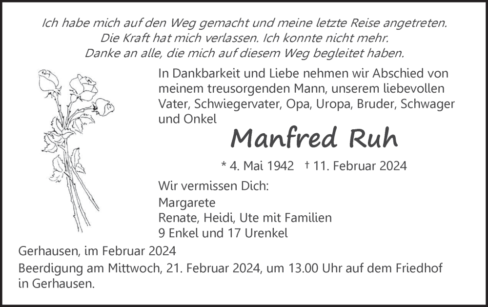  Traueranzeige für Manfred Ruh vom 17.02.2024 aus SÜDWEST PRESSE Ausgabe Ulm/Neu-Ulm