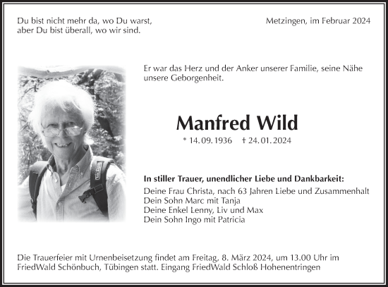 Traueranzeige von Manfred Wild von SÜDWEST PRESSE/SÜDWEST PRESSE