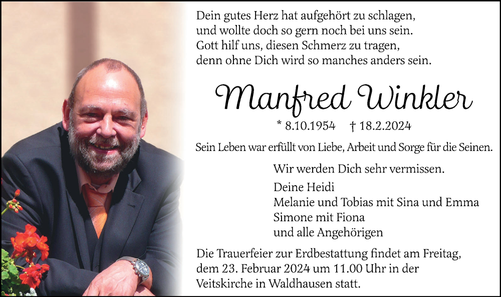  Traueranzeige für Manfred Winkler vom 20.02.2024 aus NWZ Neue Württembergische Zeitung/Geislinger Zeitung