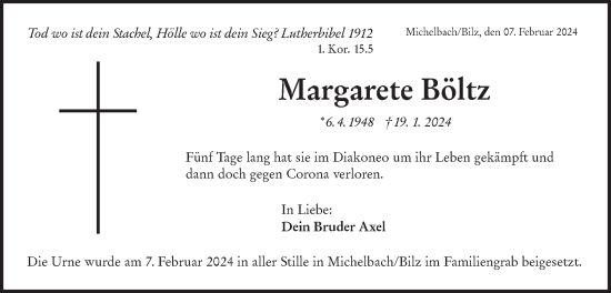 Traueranzeige von Margarete Böltz von Haller Tagblatt