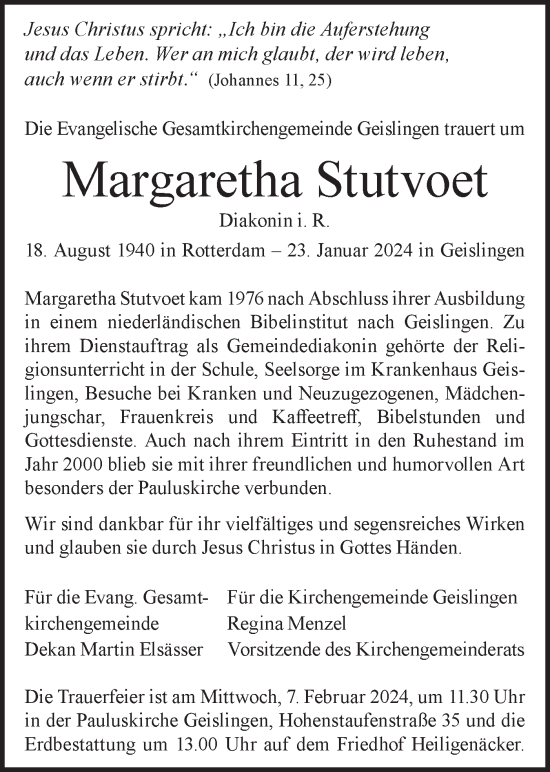 Traueranzeige von Margaretha Stutvoet von Geislinger Zeitung