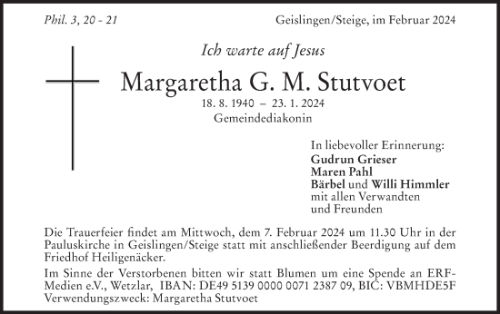 Traueranzeige von Margaretha G. M. Stutvoet von Geislinger Zeitung