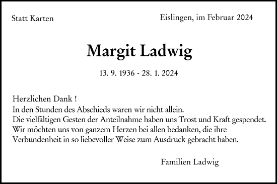 Traueranzeige von Margit Ladwig von NWZ Neue Württembergische Zeitung