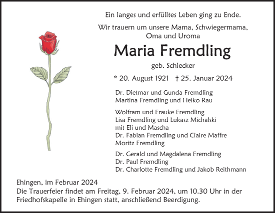 Traueranzeige von Maria Fremdling von SÜDWEST PRESSE Ausgabe Ulm/Neu-Ulm