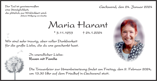 Traueranzeige von Maria Harant von Rundschau Gaildorf