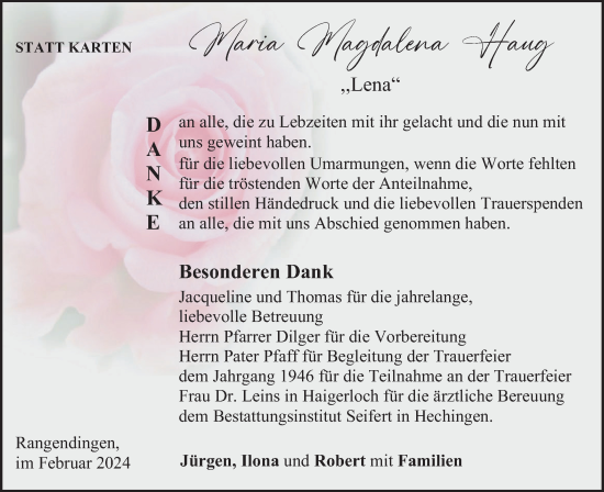 Traueranzeige von Maria Magdalena Haug von Hohenzollerische Zeitung