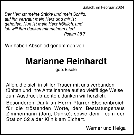 Traueranzeige von Marianne Reinhardt von NWZ Neue Württembergische Zeitung