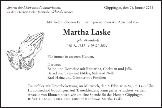 Traueranzeige von Martha Laske von NWZ Neue Württembergische Zeitung