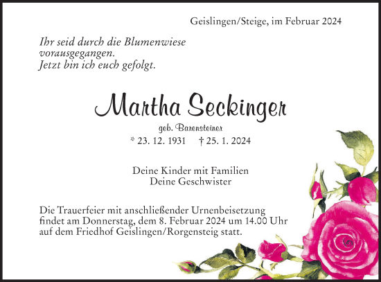 Traueranzeige von Martha Seckinger von Geislinger Zeitung