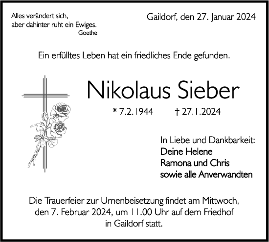 Traueranzeige von Nikolaus Sieber von Rundschau Gaildorf