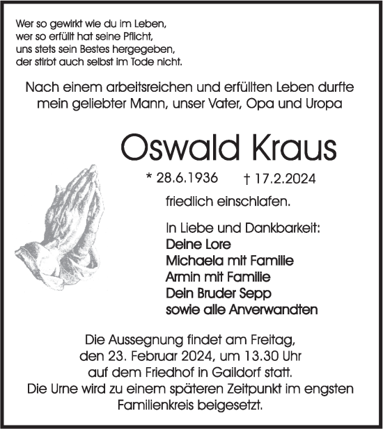 Traueranzeige von Oswald Kraus von Rundschau Gaildorf