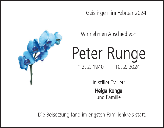 Traueranzeige von Peter Runge von Geislinger Zeitung