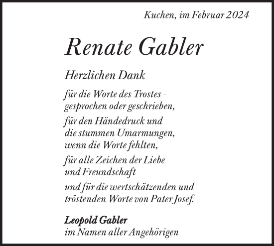 Traueranzeige von Renate Gabler von Geislinger Zeitung