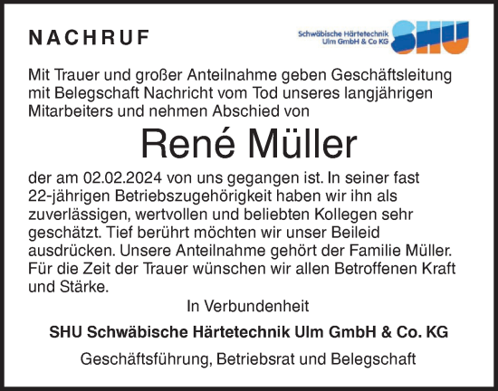 Traueranzeige von Rene Müller von SÜDWEST PRESSE Ausgabe Ulm/Neu-Ulm